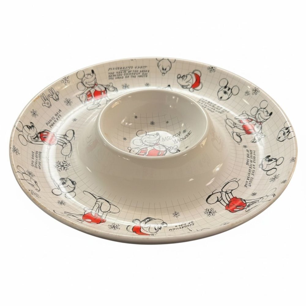 Disney Mickey Mouse Sketchbook Christmas Chip and Dip Round Ceramic Serving Dish